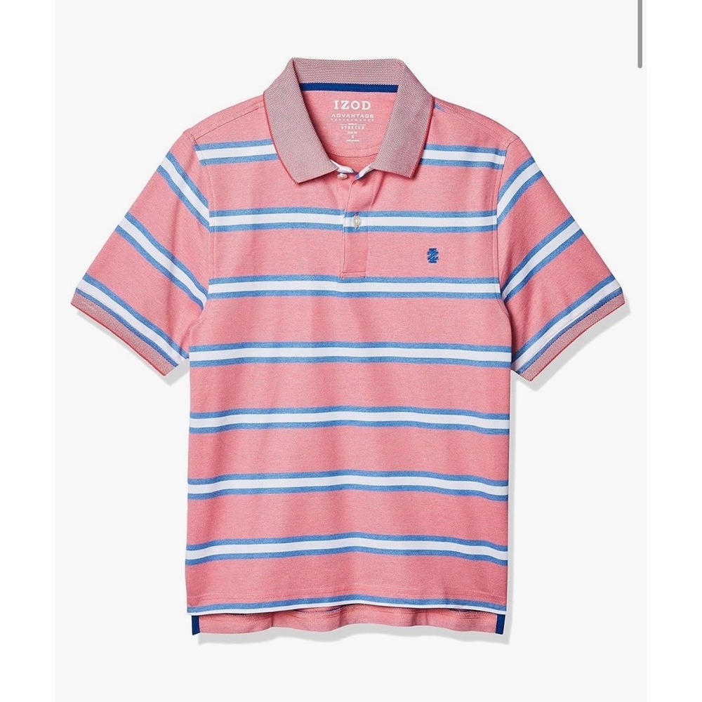 IZOD Polo Shirt Mens Large Pink Blue White Striped Advantage Performance Stretch